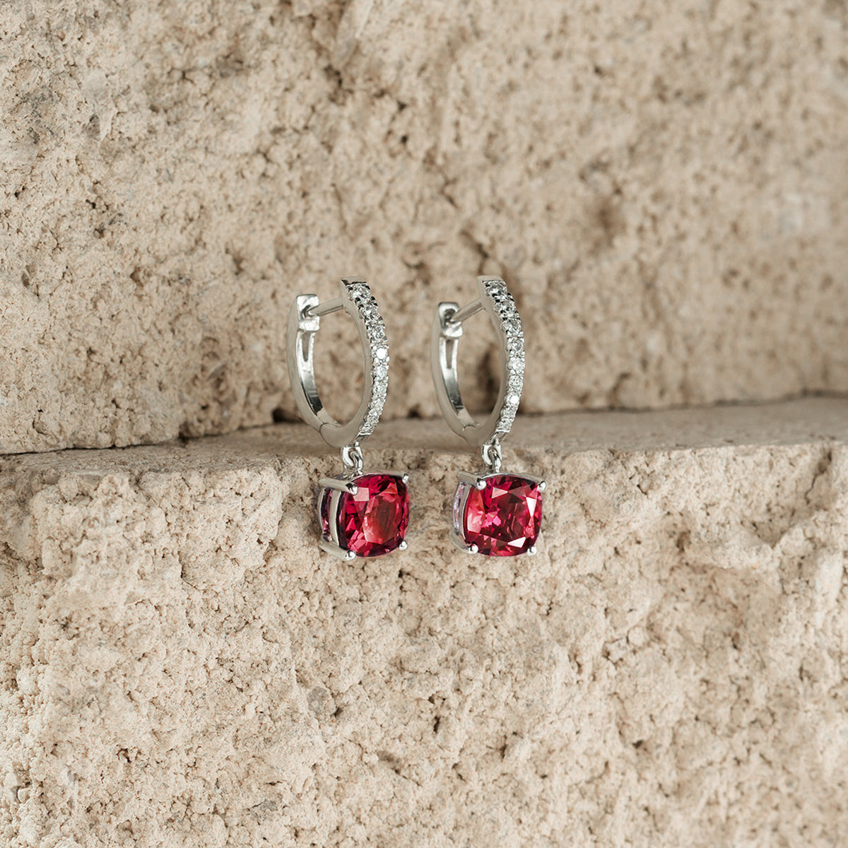 Astra 4.00ct Lab Ruby and Diamond Drop Cushion Cut Earrings in Silver